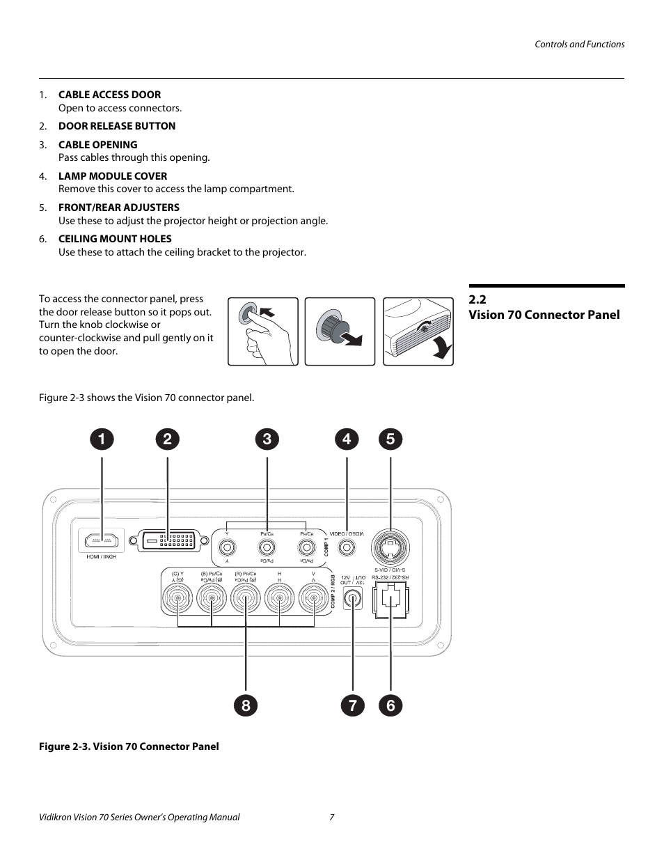 2 vision 70 connector panel, Figure 2-3 . vision 70 connector panel, Iminar | Vision 70 connector panel, 3. vision 70 connector panel, Pre l iminar y | Vidikron vision70 User Manual | Page 19 / 90