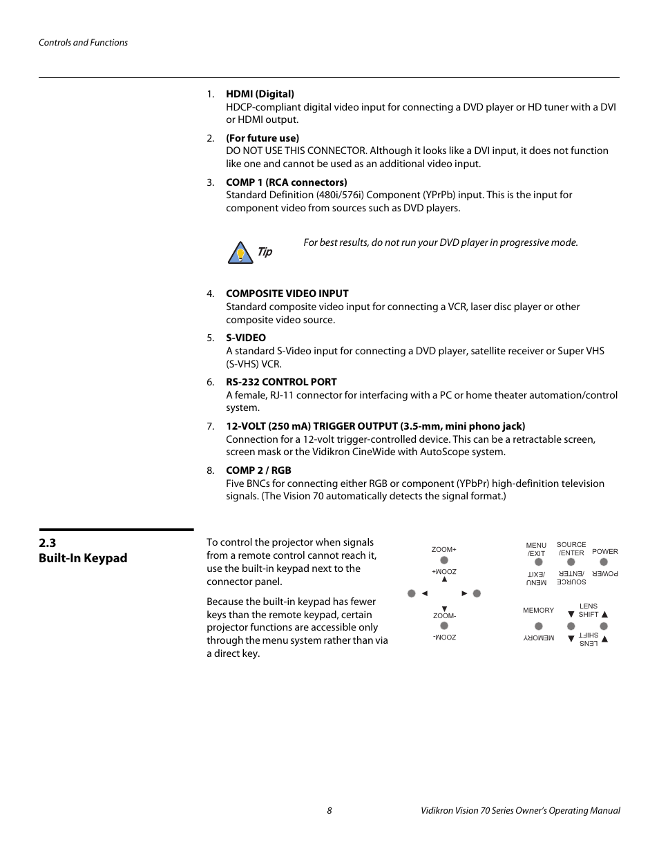 3 built-in keypad, Built-in keypad, Pre l iminar y | Vidikron vision70 User Manual | Page 20 / 90