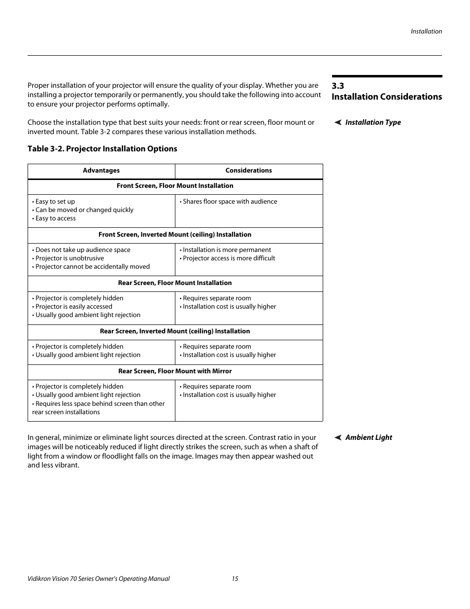 3 installation considerations, Installation type, Table 3-2 . projector installation options | Ambient light, Installation considerations, Pre l iminar y | Vidikron vision70 User Manual | Page 27 / 90