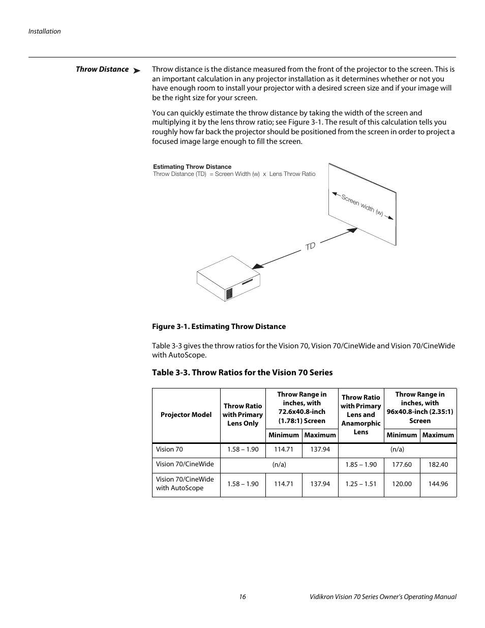 Throw distance, Figure 3-1 . estimating throw distance, Table 3-3 . throw ratios for the vision 70 series | 1. estimating throw distance, Pre l iminar y | Vidikron vision70 User Manual | Page 28 / 90