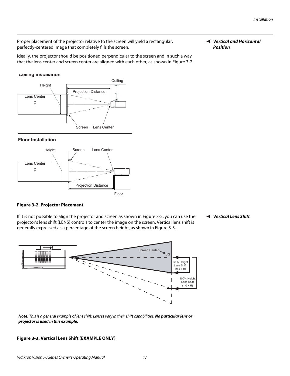 Vertical and horizontal position, Figure 3-2 . projector placement, Vertical lens shift | Figure 3-3 . vertical lens shift (example only), 2. projector placement, 3. vertical lens shift (example only), Pre l iminar y | Vidikron vision70 User Manual | Page 29 / 90