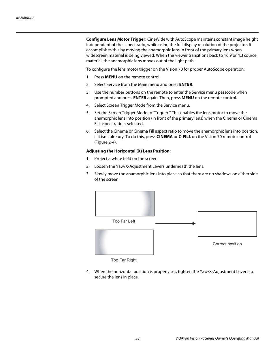 Configure lens motor trigger, Adjusting the horizontal (x) lens position, Pre l iminar y | Vidikron vision70 User Manual | Page 50 / 90