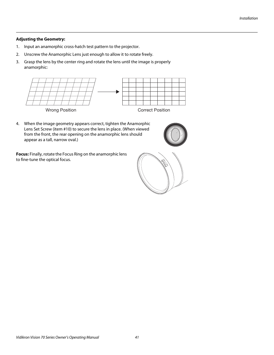 Adjusting the geometry, Focus, Pre l iminar y | Vidikron vision70 User Manual | Page 53 / 90