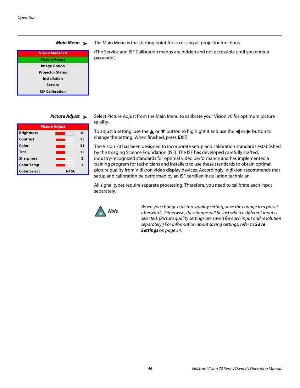 Main menu, Picture adjust, Pre l iminar y | Vidikron vision70 User Manual | Page 58 / 90