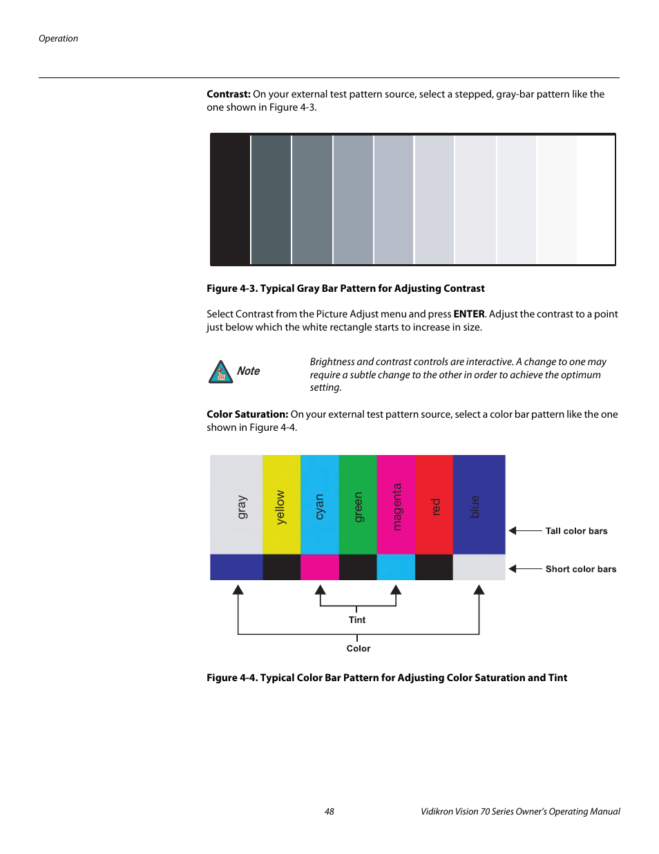 Contrast, Color saturation, 3. typical gray bar pattern for adjusting contrast | Pre l iminar y | Vidikron vision70 User Manual | Page 60 / 90