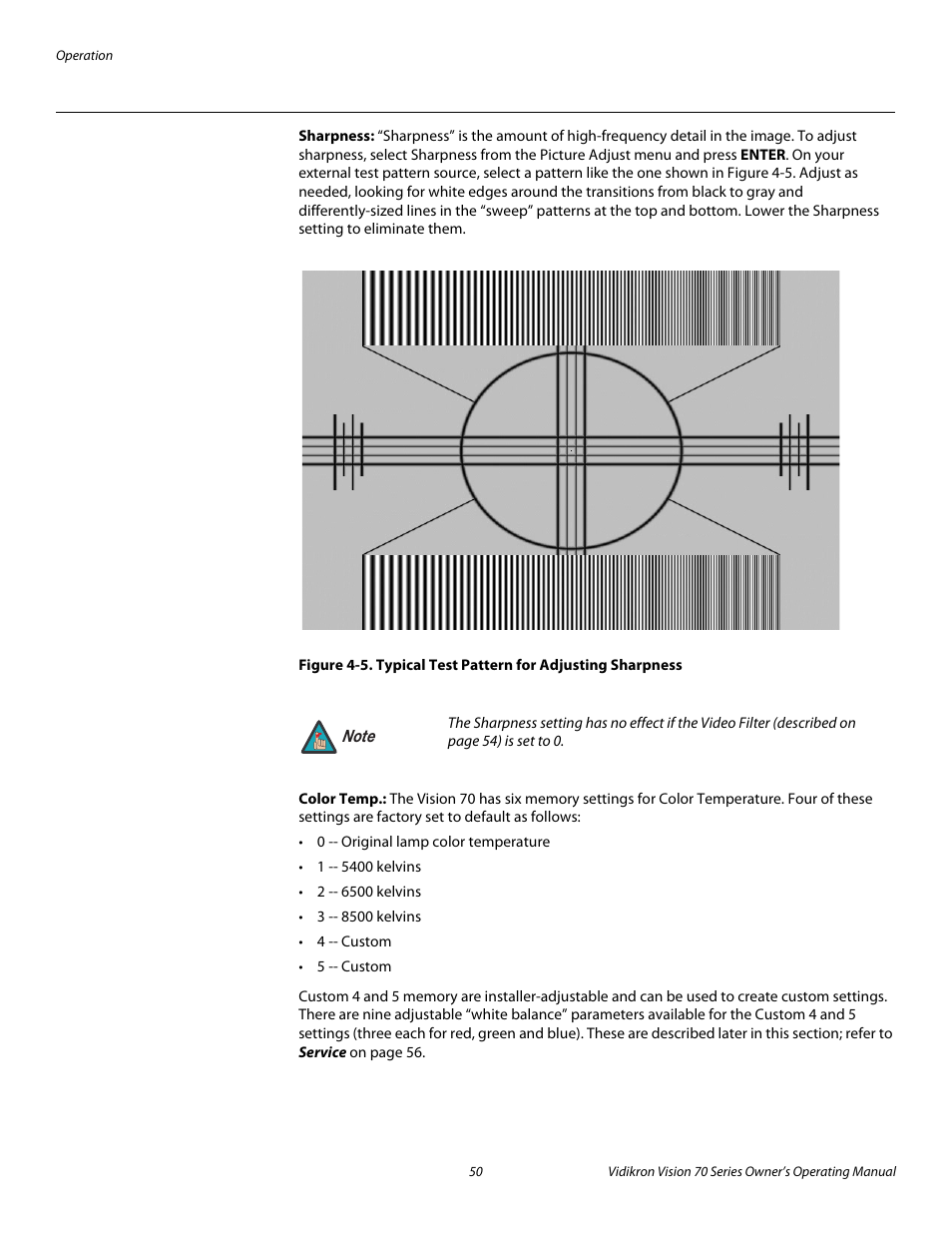 Sharpness, Color temp, 5. typical test pattern for adjusting sharpness | Pre l iminar y | Vidikron vision70 User Manual | Page 62 / 90