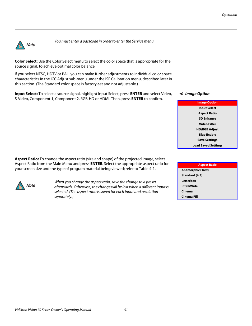 Color select, Image option, Input select | Aspect ratio, 51 through 5, Pre l iminar y | Vidikron vision70 User Manual | Page 63 / 90