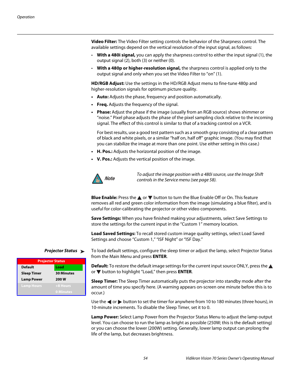 Video filter, Hd/rgb adjust, Blue enable | Save settings, Load saved settings, Projector status, Default, Sleep timer, Lamp power, Pre l iminar y | Vidikron vision70 User Manual | Page 66 / 90