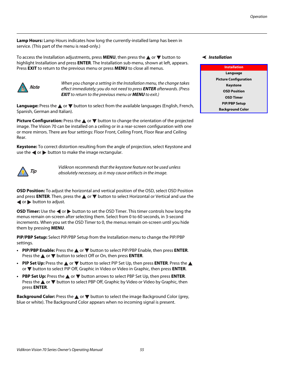 Lamp hours, Installation, Language | Picture configuration, Keystone, Osd position, Osd timer, Pip/pbp setup, Background color, Pre l iminar y | Vidikron vision70 User Manual | Page 67 / 90