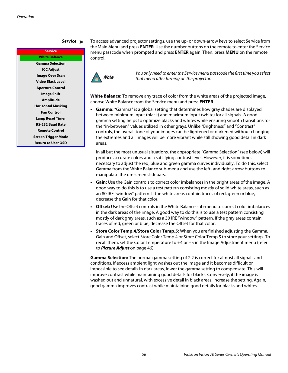 Service, White balance, Gamma selection | Pre l iminar y | Vidikron vision70 User Manual | Page 68 / 90