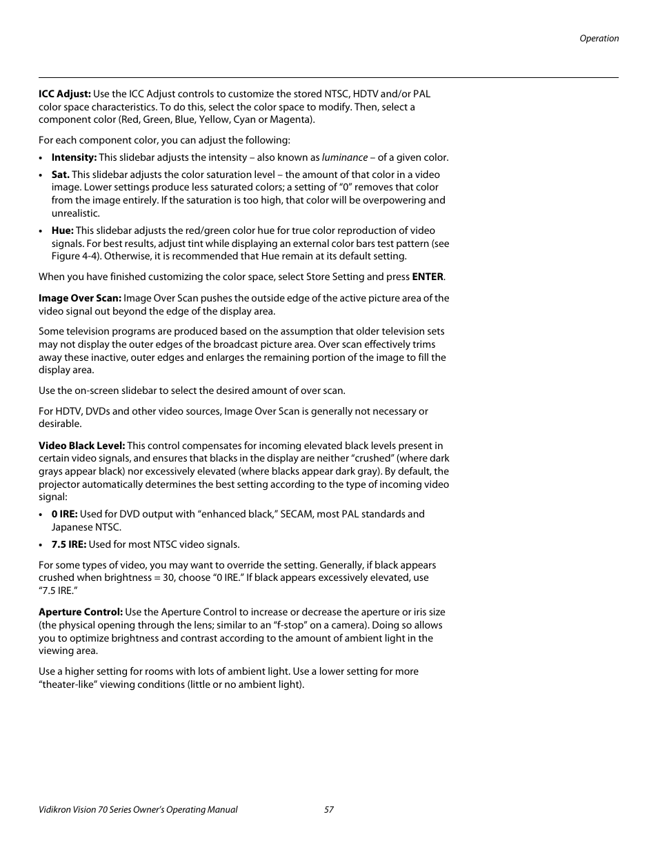 Icc adjust, Image over scan, Video black level | Aperture control, Pre l iminar y | Vidikron vision70 User Manual | Page 69 / 90