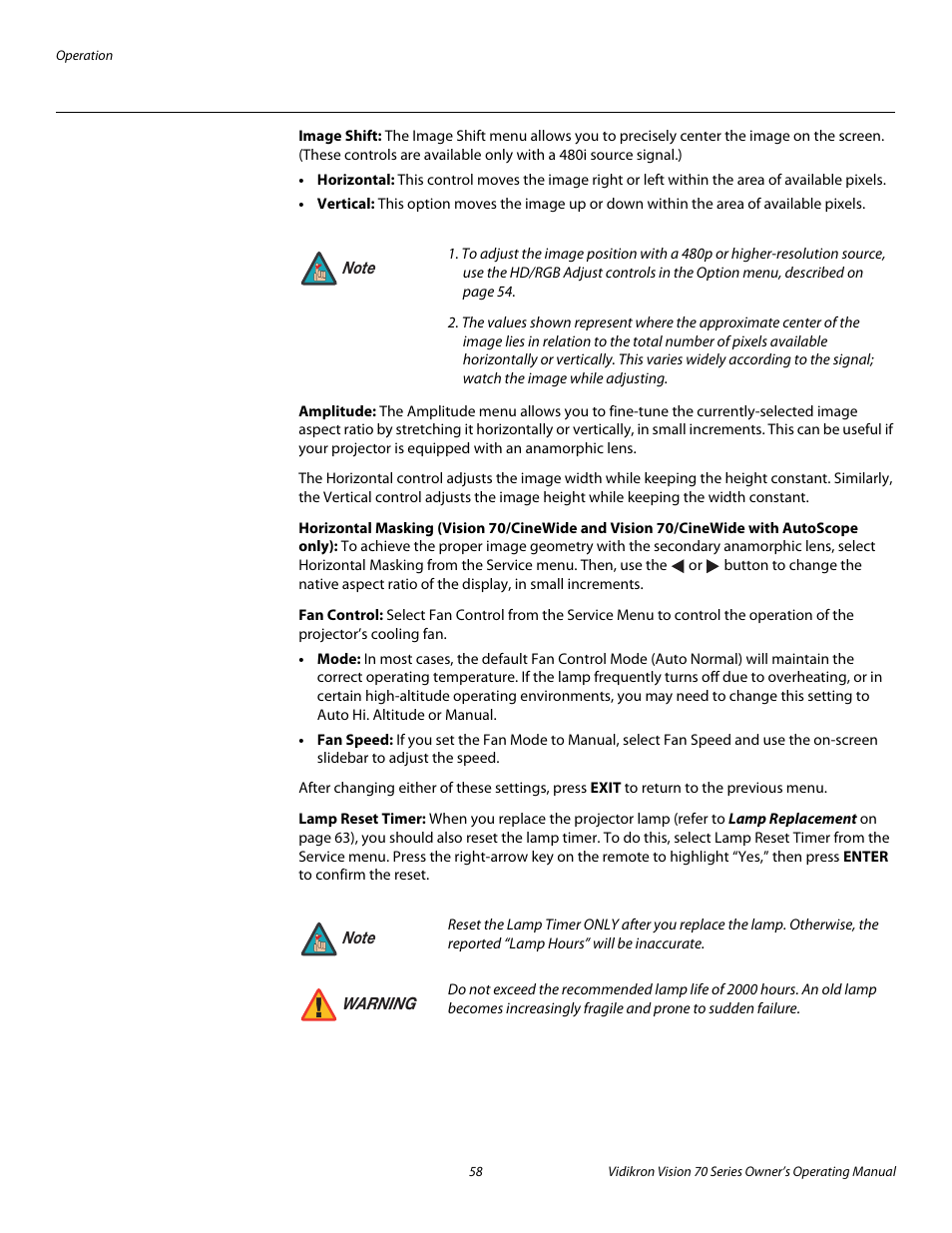 Image shift, Amplitude, Fan control | Lamp reset timer, A 480i source, use the image shift, Pre l iminar y | Vidikron vision70 User Manual | Page 70 / 90