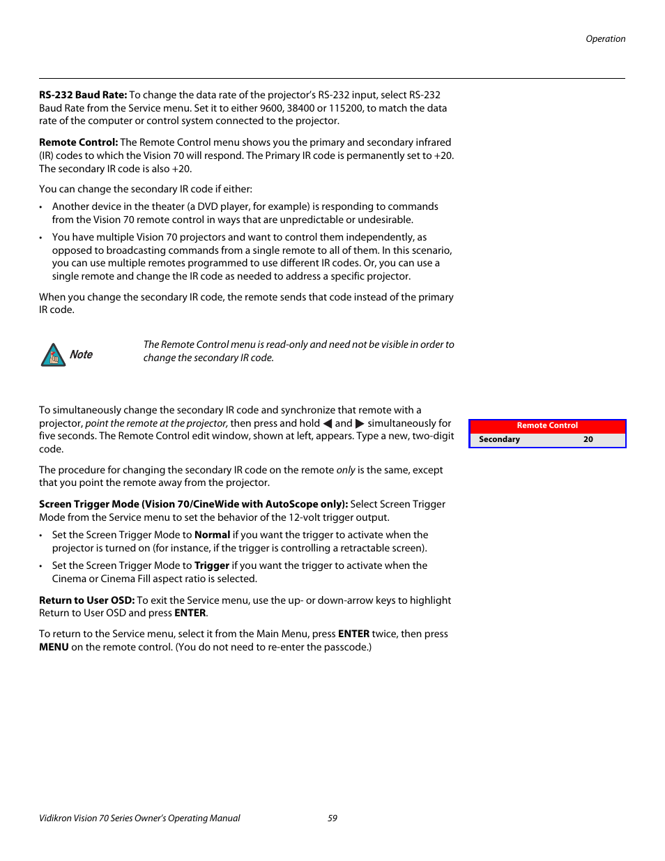 Rs-232 baud rate, Remote control, Return to user osd | Pre l iminar y | Vidikron vision70 User Manual | Page 71 / 90