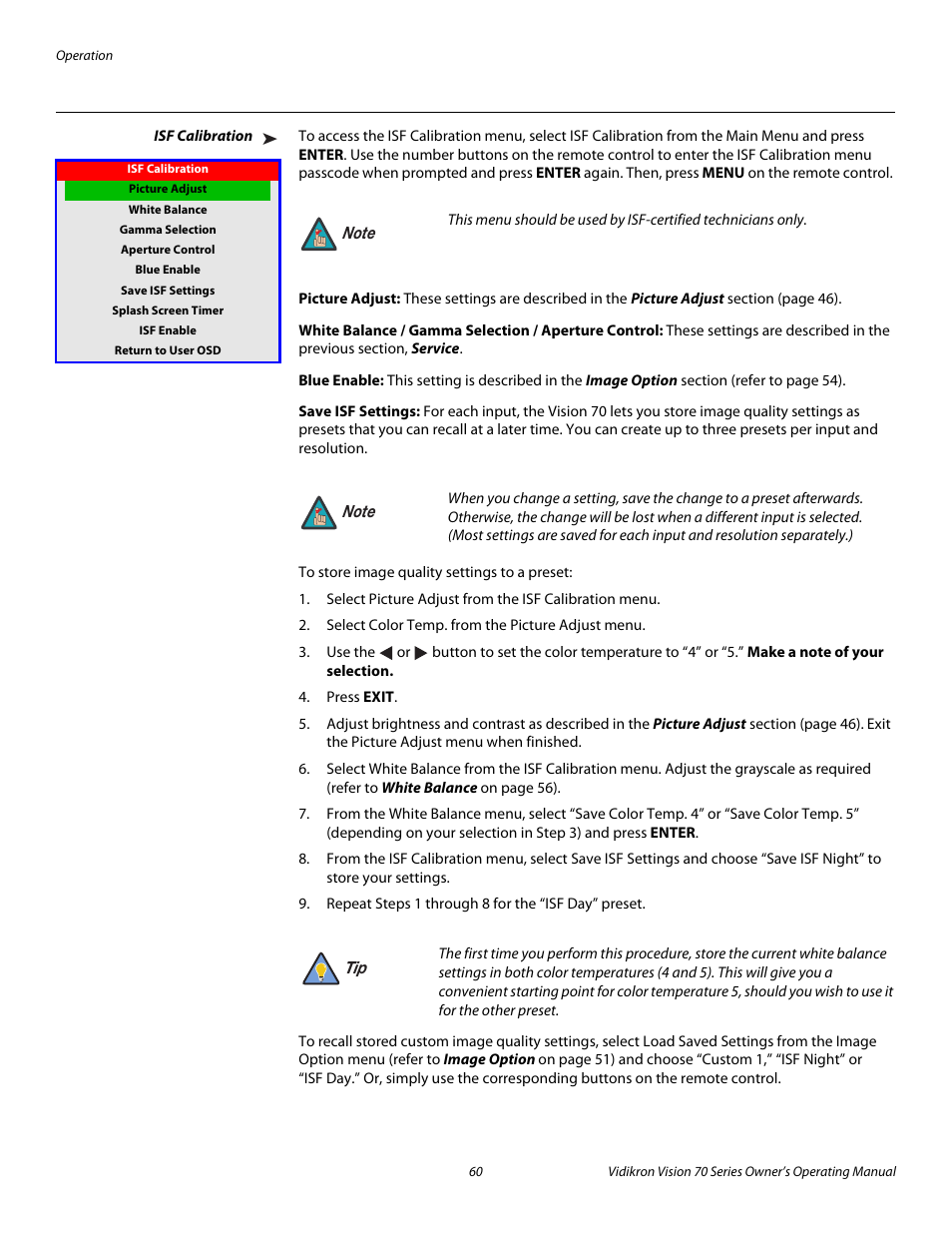 Isf calibration, Picture adjust, White balance / gamma selection / aperture control | Blue enable, Save isf settings, Pre l iminar y | Vidikron vision70 User Manual | Page 72 / 90