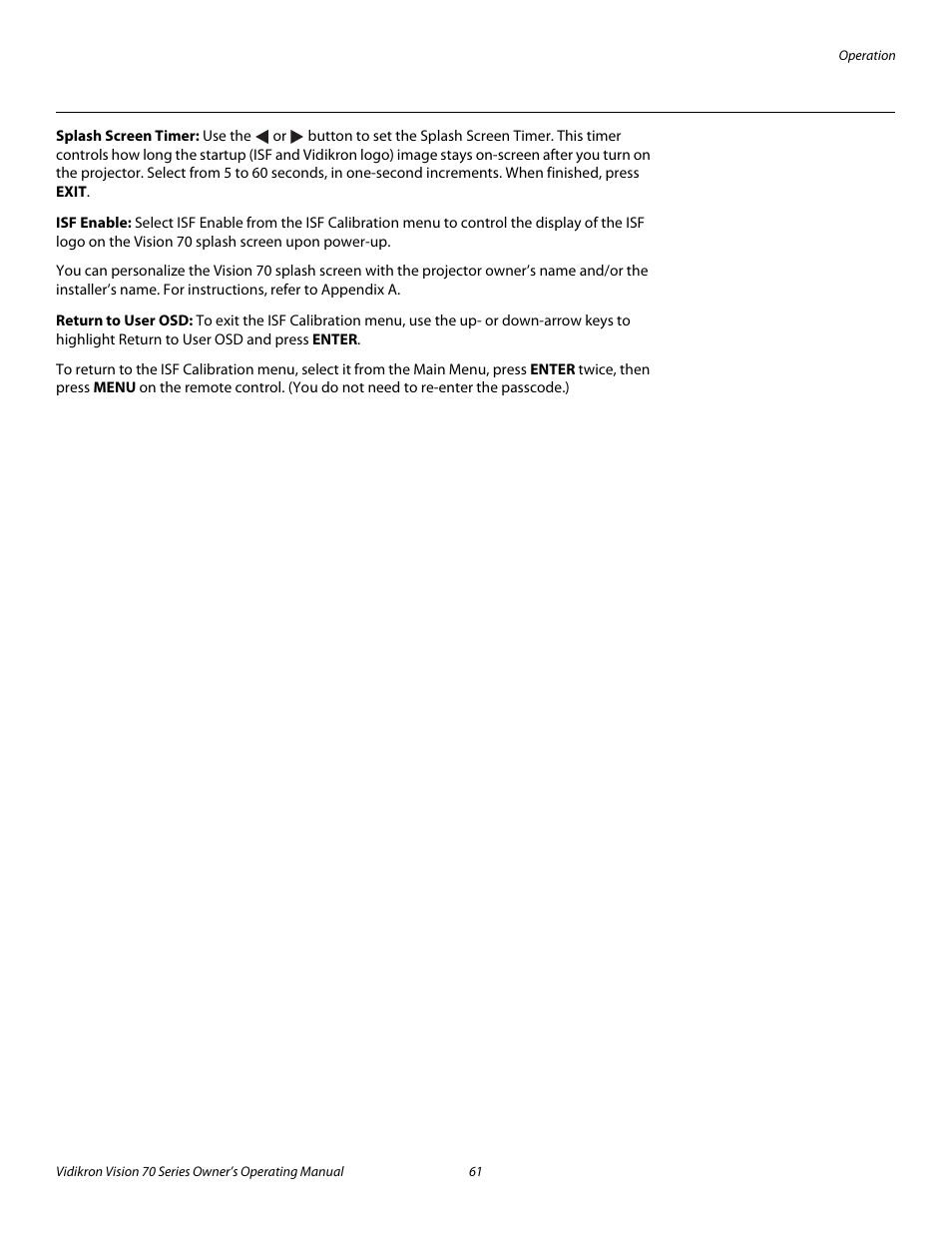 Splash screen timer, Isf enable, Return to user osd | Pre l iminar y | Vidikron vision70 User Manual | Page 73 / 90
