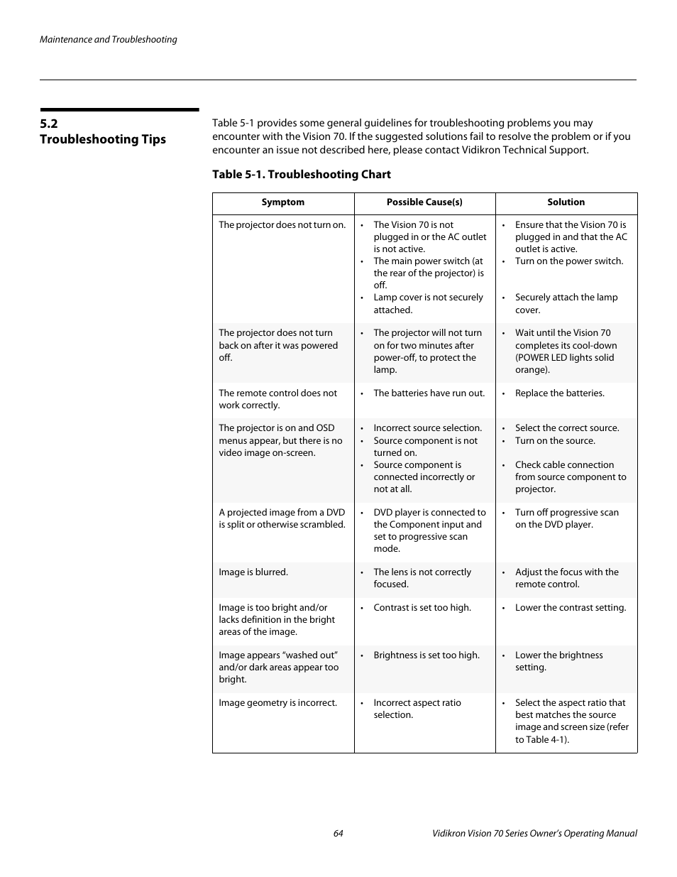 2 troubleshooting tips, Table 5-1 . troubleshooting chart, Troubleshooting tips | Pre l iminar y | Vidikron vision70 User Manual | Page 76 / 90