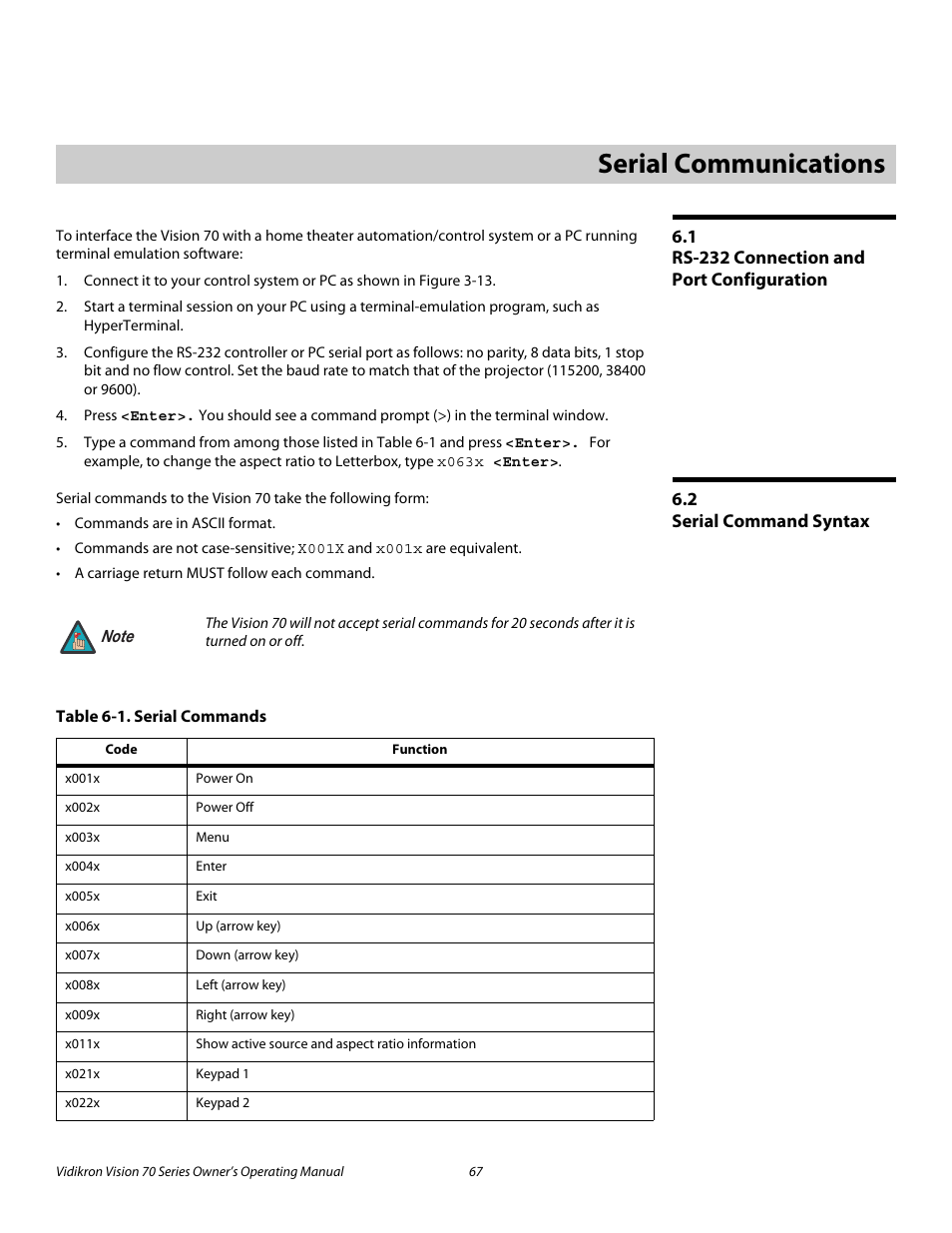 6 serial communications, 1 rs-232 connection and port configuration, 2 serial command syntax | Table 6-1 . serial commands, Serial communications, Rs-232 connection and port configuration, Serial command syntax, Pre l iminar y | Vidikron vision70 User Manual | Page 79 / 90