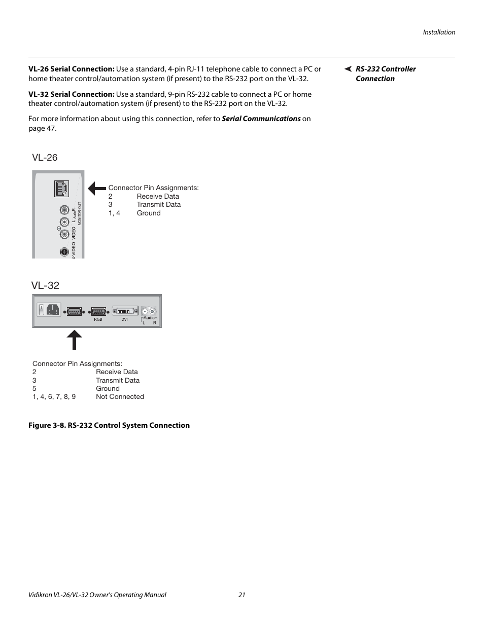 Rs-232 controller connection, Vl-26 serial connection, Vl-32 serial connection | Figure 3-8 . rs-232 control system connection, 8. rs-232 control system connection, Vl-32, Vl-26 | Vidikron VL-32HD User Manual | Page 31 / 66