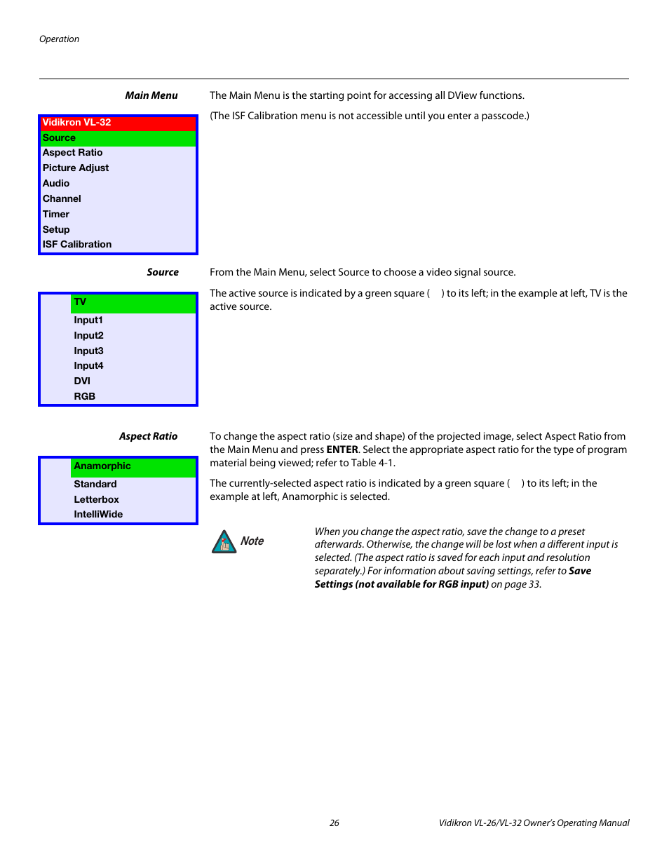 Main menu, Source, Aspect ratio | 26 through 3 | Vidikron VL-32HD User Manual | Page 36 / 66