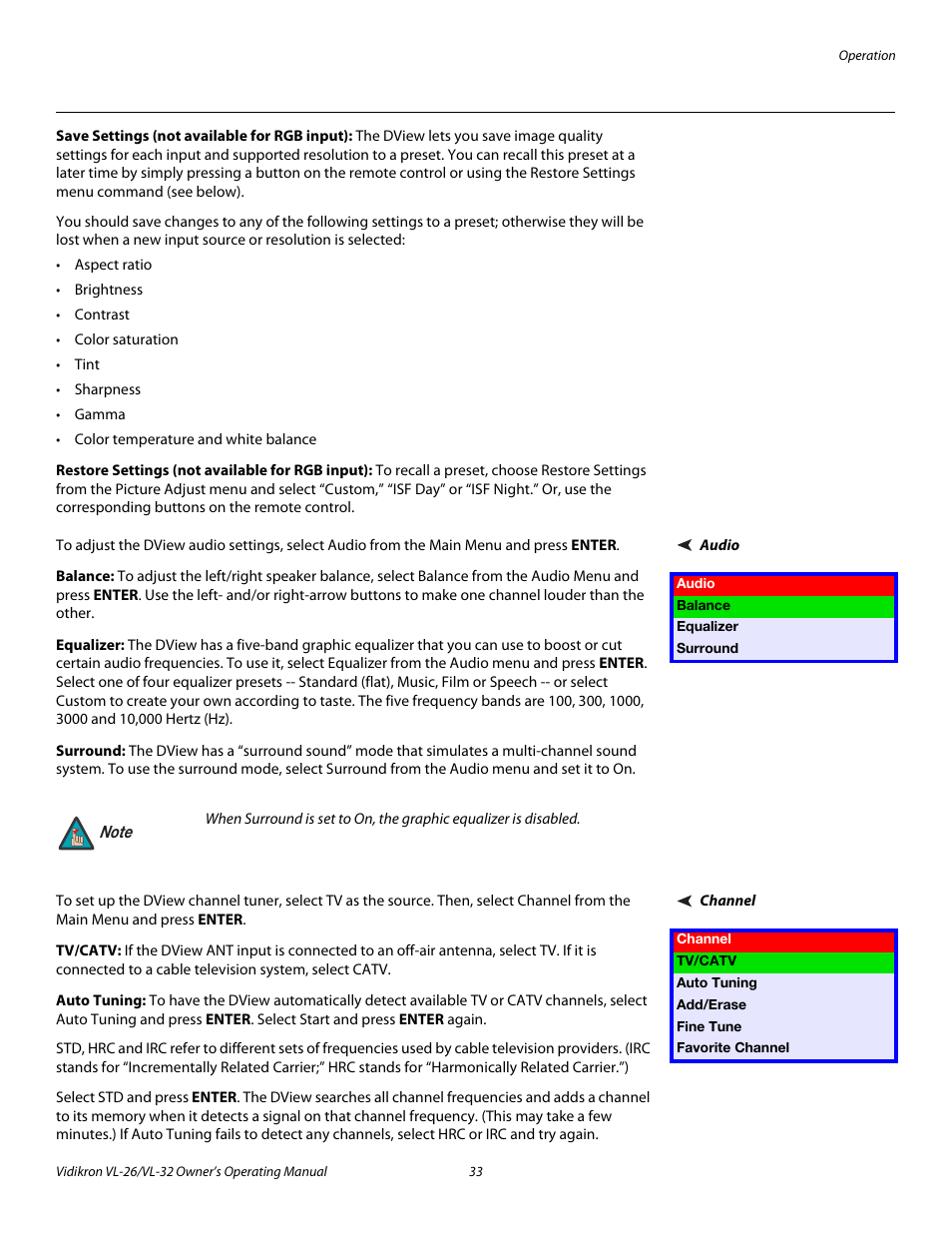 Save settings (not available for rgb input), Restore settings (not available for rgb input), Audio | Balance, Equalizer, Surround, Channel, Tv/catv, Auto tuning | Vidikron VL-32HD User Manual | Page 43 / 66