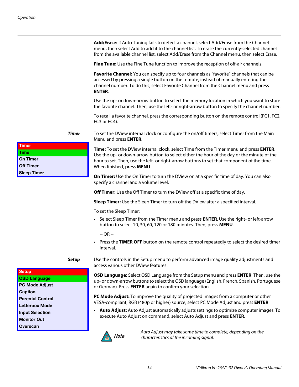 Add/erase, Fine tune, Favorite channel | Timer, Time, On timer, Off timer, Sleep timer, Setup, Osd language | Vidikron VL-32HD User Manual | Page 44 / 66