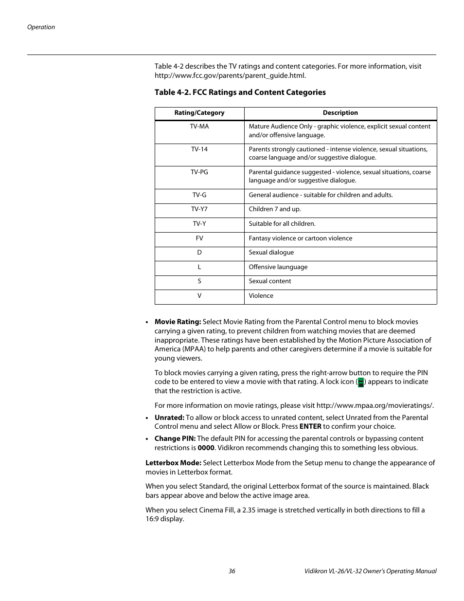 Table 4-2 . fcc ratings and content categories, Letterbox mode | Vidikron VL-32HD User Manual | Page 46 / 66