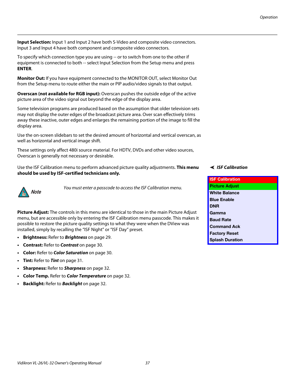 Input selection, Monitor out, Overscan (not available for rgb input) | Isf calibration, Picture adjust | Vidikron VL-32HD User Manual | Page 47 / 66