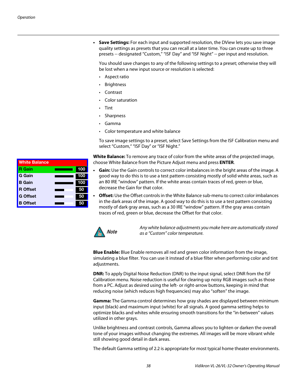 White balance, Blue enable, Gamma | Vidikron VL-32HD User Manual | Page 48 / 66