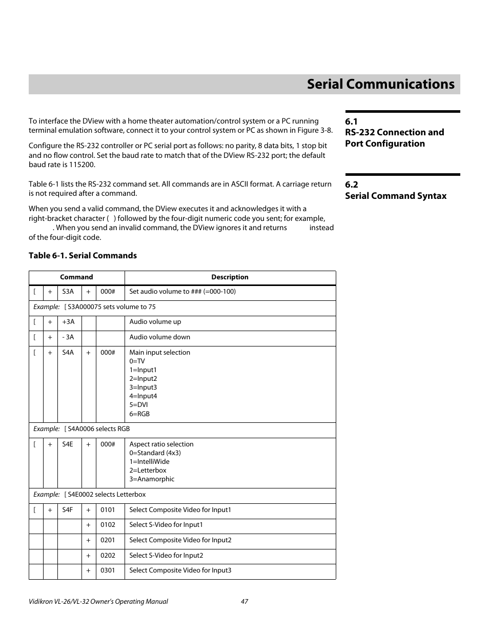 6 serial communications, 1 rs-232 connection and port configuration, 2 serial command syntax | Table 6-1 . serial commands, Serial communications, Rs-232 connection and port configuration, Serial command syntax | Vidikron VL-32HD User Manual | Page 57 / 66