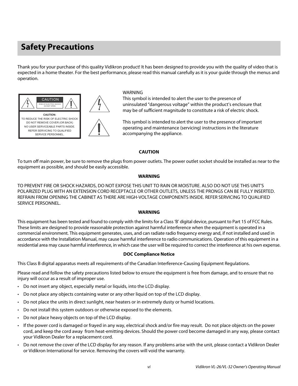 Safety precautions | Vidikron VL-32HD User Manual | Page 6 / 66