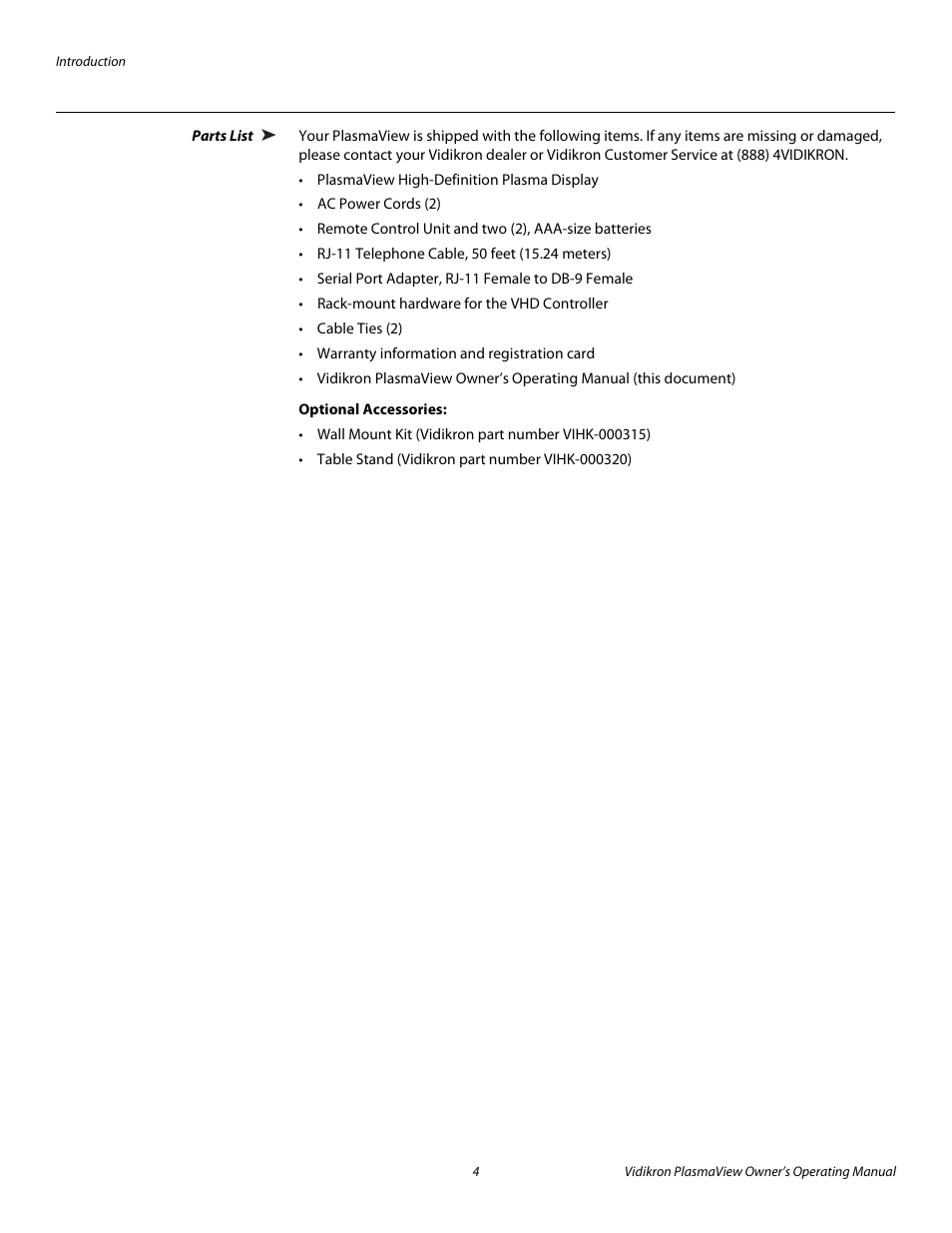 Parts list, Optional accessories, Pre l iminar y | Vidikron VP-6500VHD User Manual | Page 14 / 70