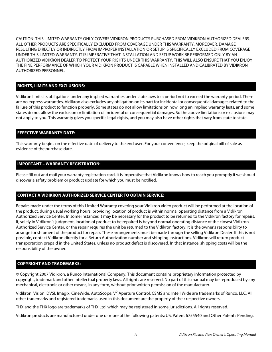 Pre l iminar y | Vidikron VP-6500VHD User Manual | Page 4 / 70