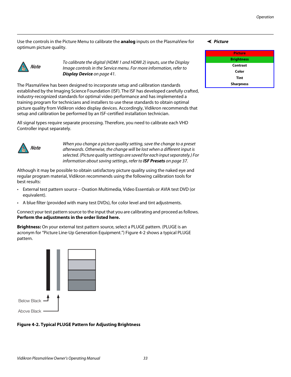 Picture, Brightness, 2. typical pluge pattern for adjusting brightness | Pre l iminar y | Vidikron VP-6500VHD User Manual | Page 43 / 70