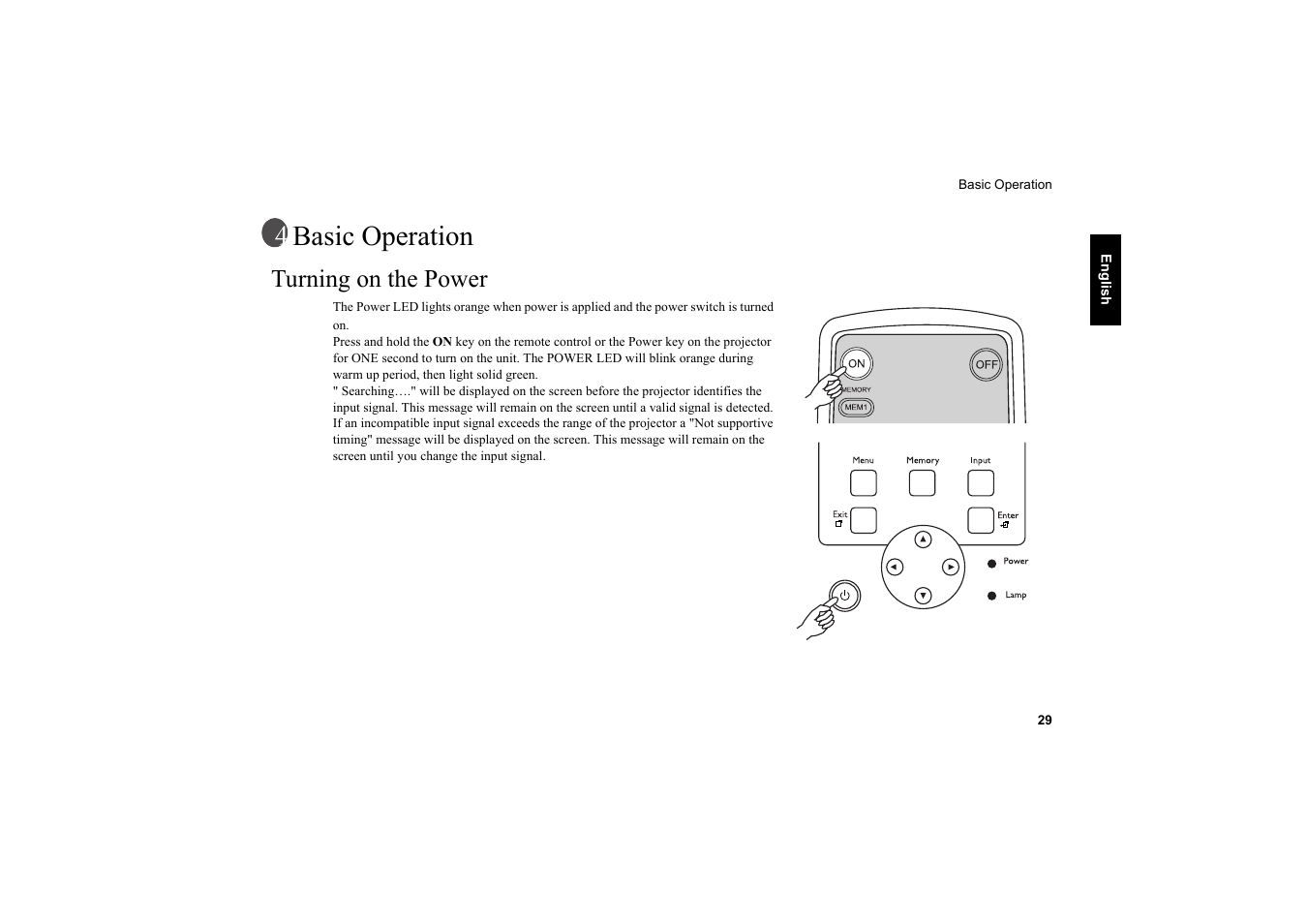 Basic operation, Turning on the power | Vidikron Vision 20 User Manual | Page 30 / 52