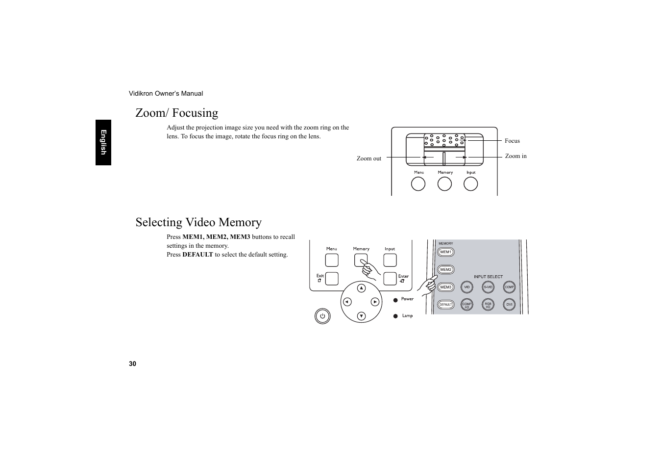 Zoom/ focusing, Selecting video memory, Zoom/ focusing selecting video memory | Vidikron Vision 20 User Manual | Page 31 / 52