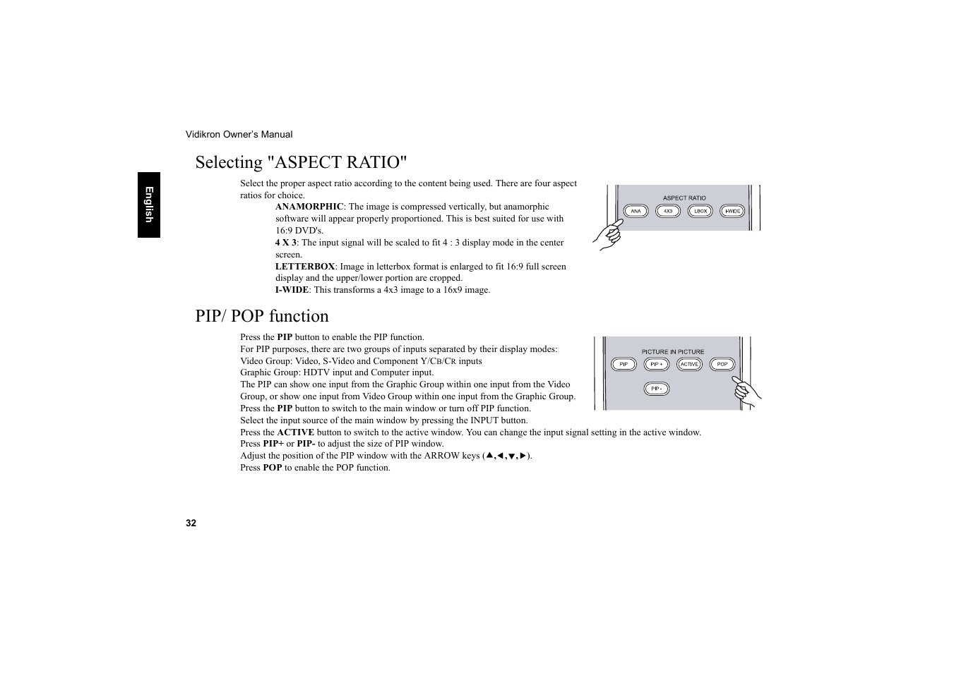 Selecting "aspect ratio, Pip/ pop function, Selecting "aspect ratio" pip/ pop function | Vidikron Vision 20 User Manual | Page 33 / 52