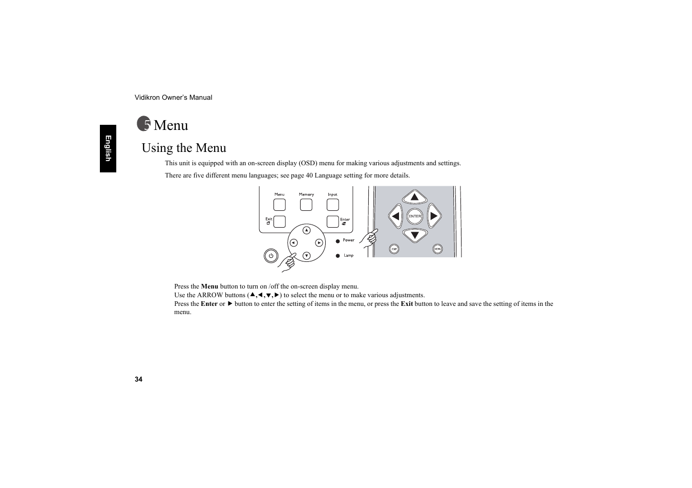 Menu, Using the menu | Vidikron Vision 20 User Manual | Page 35 / 52