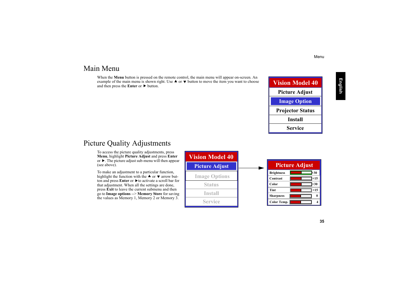 Main menu, Picture quality adjustments, Main menu picture quality adjustments | Vision model 40 | Vidikron Vision 20 User Manual | Page 36 / 52