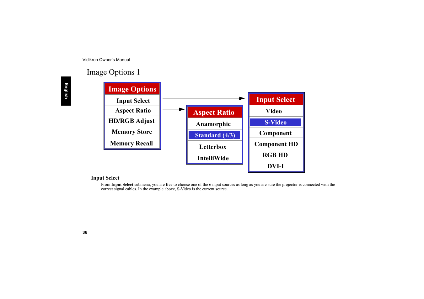 Image options 1, Input select, Image options | Vidikron Vision 20 User Manual | Page 37 / 52