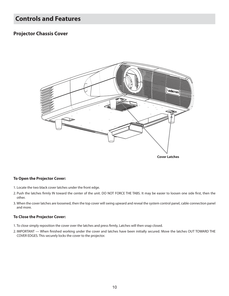 Controls and features, Projector chassis cover | Vidikron 80 User Manual | Page 10 / 40
