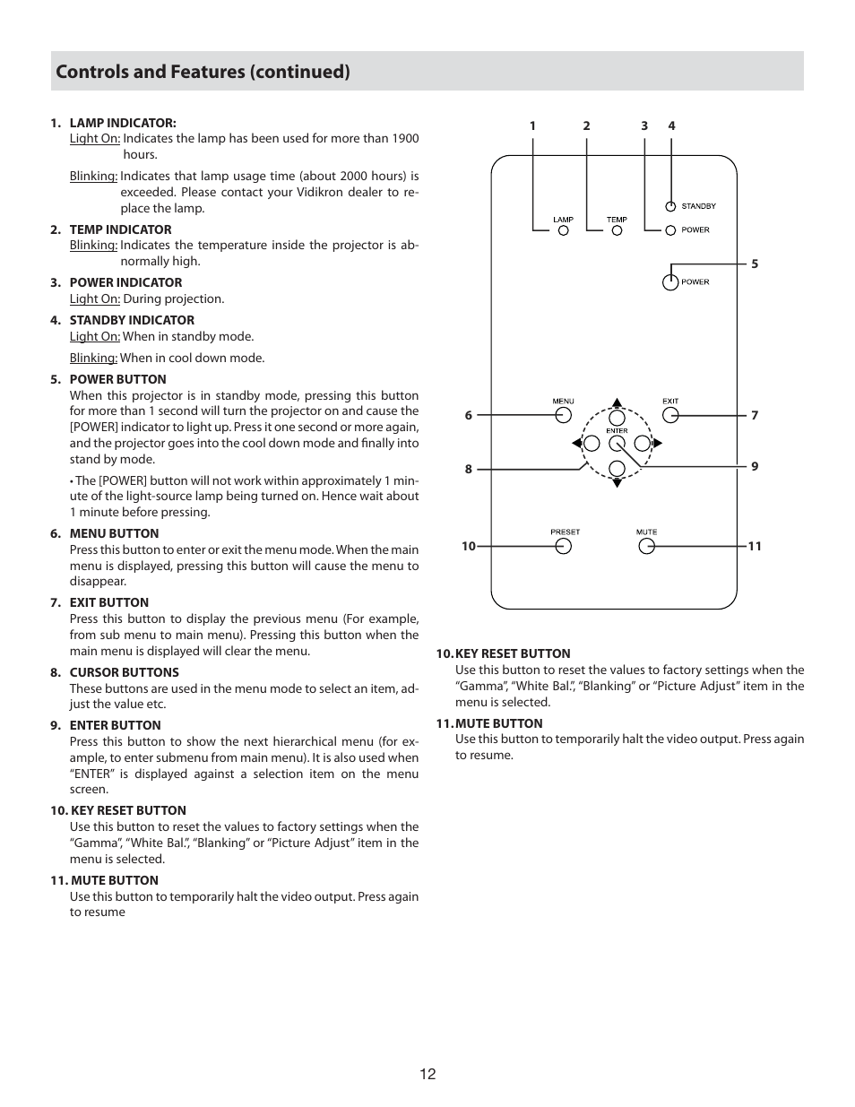 Controls and features (continued) | Vidikron 80 User Manual | Page 12 / 40