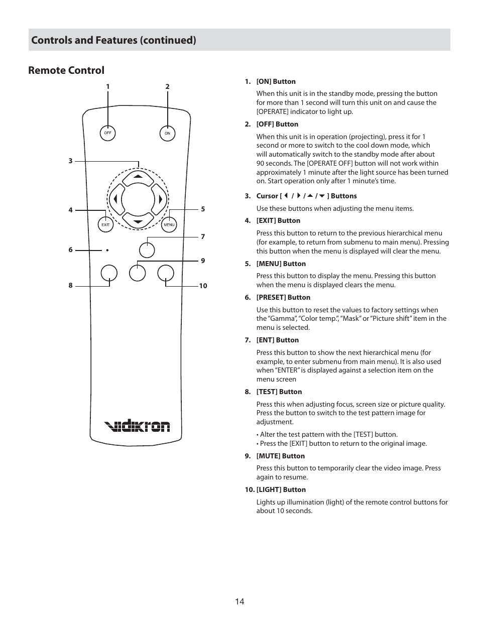 Remote control controls and features (continued) | Vidikron 80 User Manual | Page 14 / 40