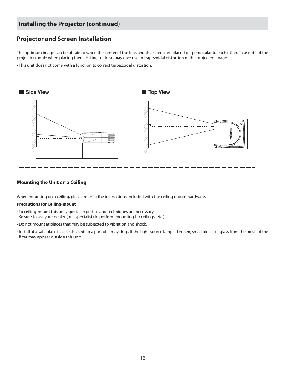 Projector and screen installation, Installing the projector (continued) | Vidikron 80 User Manual | Page 16 / 40