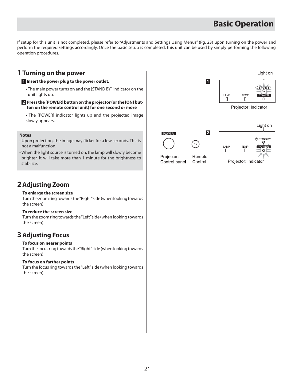 Basic operation, Turning on the power, Adjusting zoom | Adjusting focus | Vidikron 80 User Manual | Page 21 / 40