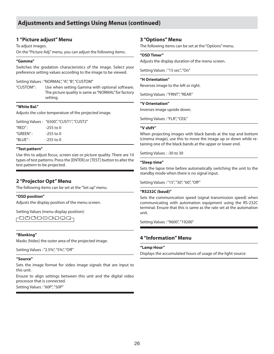 Adjustments and settings using menus (continued) | Vidikron 80 User Manual | Page 26 / 40