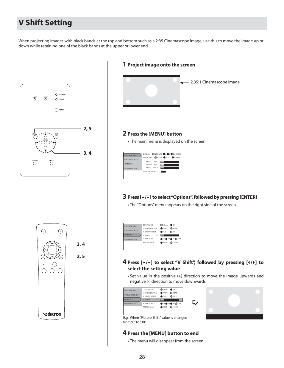 V shift setting, Project image onto the screen, Press the [menu] button | Press the [menu] button to end, 1 cinemascope image, The main menu is displayed on the screen | Vidikron 80 User Manual | Page 28 / 40