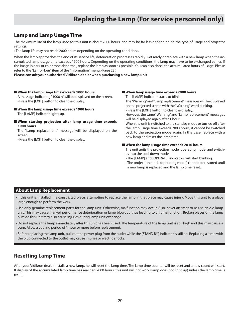 Replacing the lamp (for service personnel only), Lamp and lamp usage time, Resetting lamp time | Vidikron 80 User Manual | Page 29 / 40