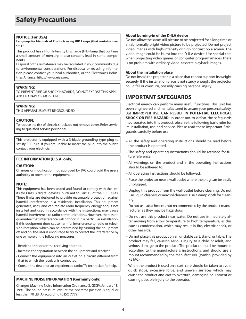 Safety precautions, Important safeguards | Vidikron 80 User Manual | Page 4 / 40