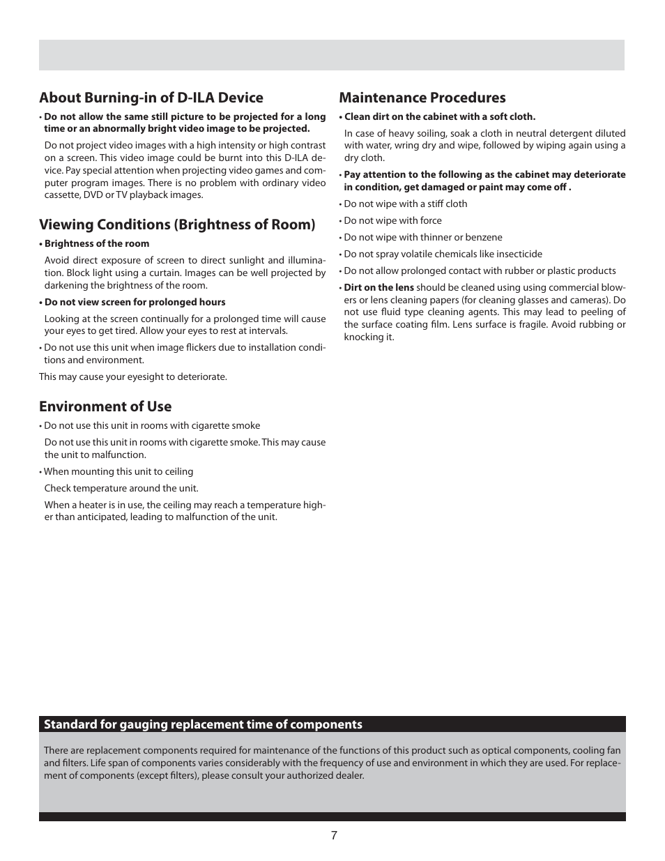 About burning-in of d-ila device, Viewing conditions (brightness of room), Environment of use | Maintenance procedures | Vidikron 80 User Manual | Page 7 / 40