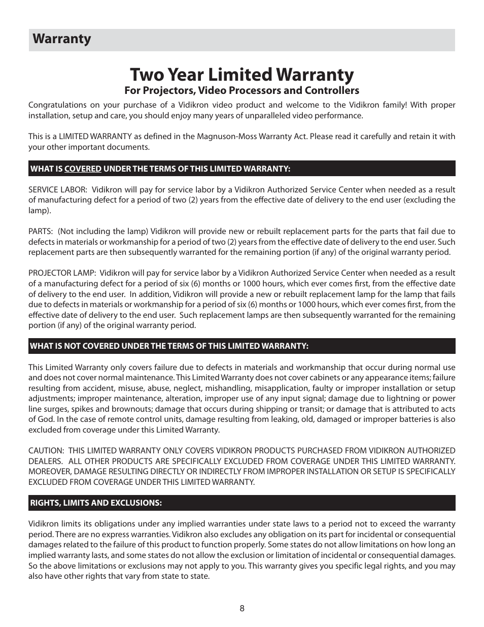 Two year limited warranty, Warranty | Vidikron 80 User Manual | Page 8 / 40